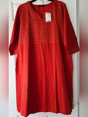 Rust Color Cotton Kurta Indian Size XL | Gold Stitch Embroidered Ethnic Tunic